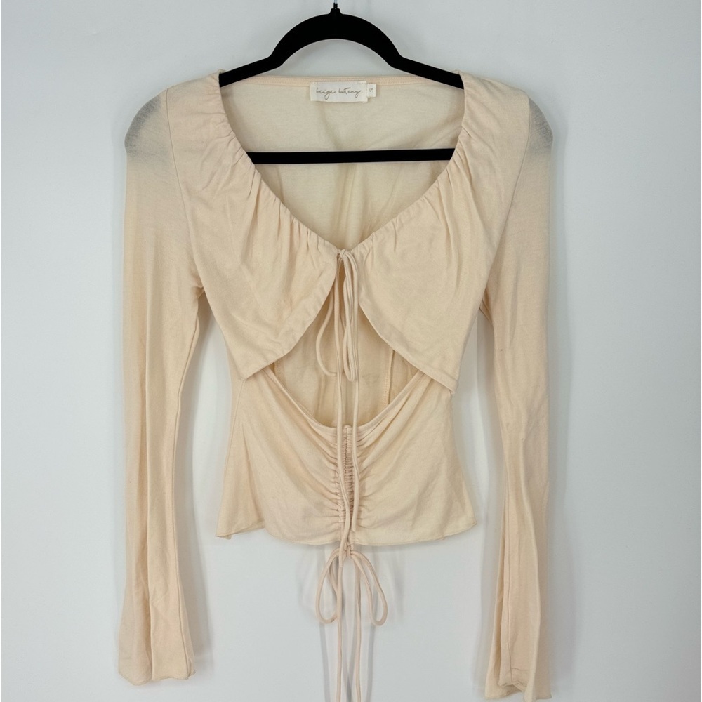 Beige Botany Cream Cutout Lace Up Flare Long Sleeve Bohemian Neutral Top